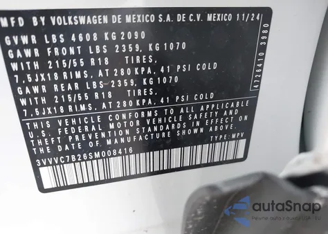 2025 Volkswagen Taos 1.5T Se из США, поврежденный, VIN 3VVVC7B26SM008416